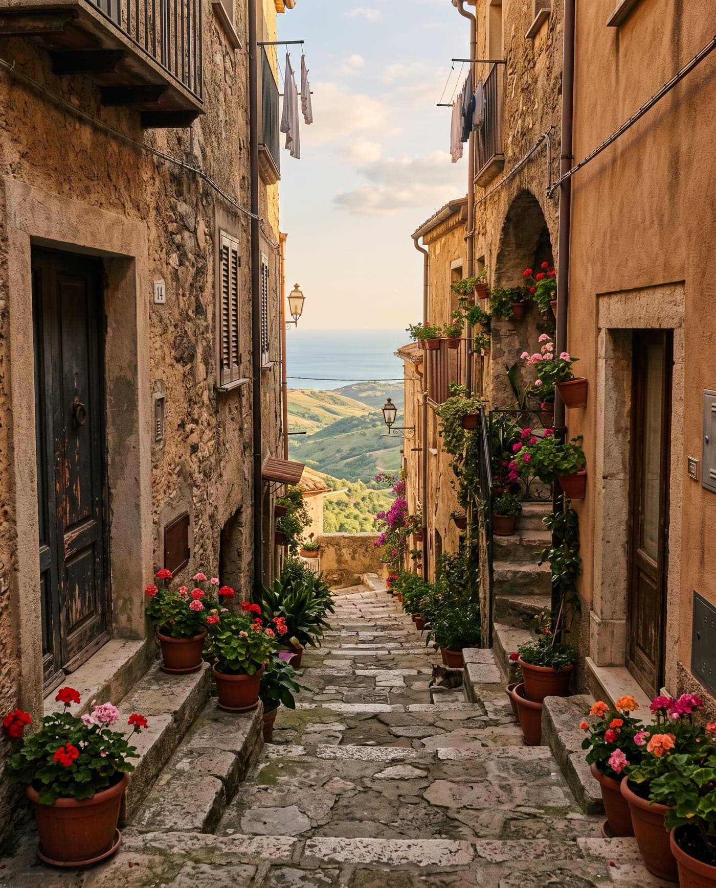 Un vicolo del borgo di Spilinga al tramonto, con la vista sul mare